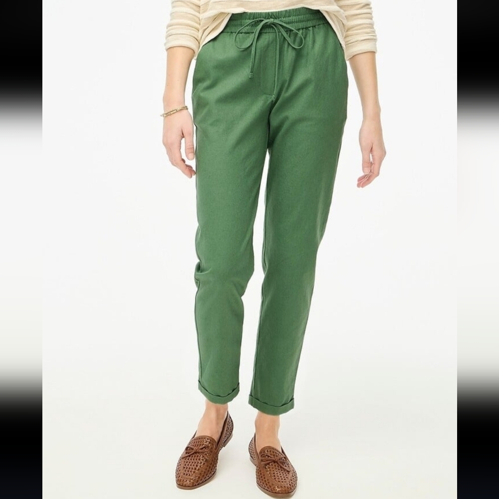 J. Crew Green Linen Cotton Blend Cuffed Drawstring Waist Cropped Pants